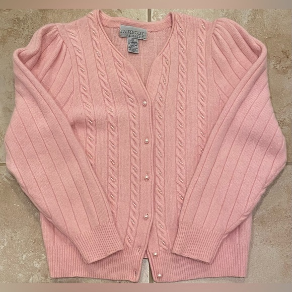 Lauren Cole Petites Sweaters - LAUREN COLE 70% Lambswool Angora Pearl Embellished Baby Pink Knit Cardigan - MP